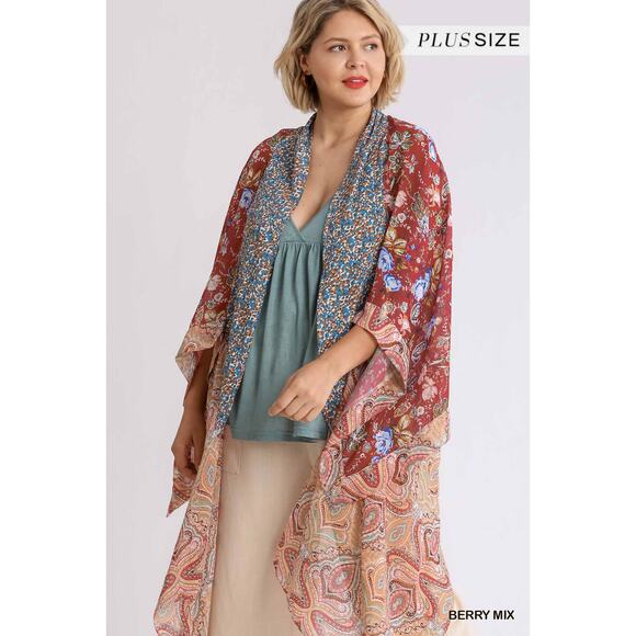 Umgee Sheer Long Paisley Floral Boho Kimono in Berry Mix Plus Size XL/1XL - Picture 4 of 16